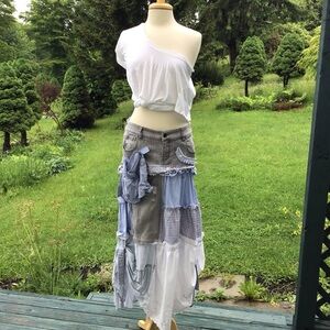 Boho up-cycled tiered patchwork jean mens shirts white eyelet  maxi skirt M/L
